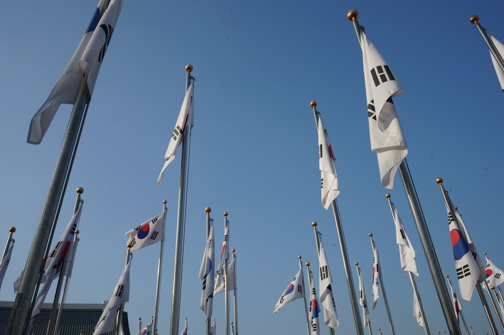 South Korean flags on poles / Photo by Choi Sung Wook from Scopio